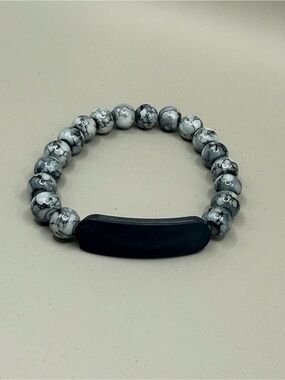 Unisex,Marbled Gray Bead Stretch Bracelet with Black Bar